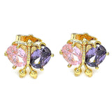 Oro Laminado Stud Earring, Gold Filled Style Butterfly Design, with Amethyst and Pink Cubic Zirconia, Polished, Golden Finish