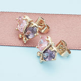 Oro Laminado Stud Earring, Gold Filled Style Butterfly Design, with Amethyst and Pink Cubic Zirconia, Polished, Golden Finish