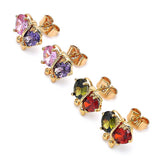 Oro Laminado Stud Earring, Gold Filled Style Butterfly Design, with Amethyst and Pink Cubic Zirconia, Polished, Golden Finish