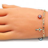 Oro Laminado Charm Bracelet, Gold Filled Style Evil Eye and Cross Design, Multicolor Enamel Finish, Golden Finish