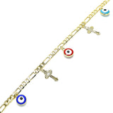 Oro Laminado Charm Bracelet, Gold Filled Style Evil Eye and Cross Design, Multicolor Enamel Finish, Golden Finish