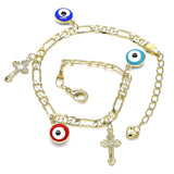 Oro Laminado Charm Bracelet, Gold Filled Style Evil Eye and Cross Design, Multicolor Enamel Finish, Golden Finish