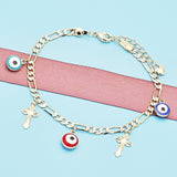 Oro Laminado Charm Bracelet, Gold Filled Style Evil Eye and Cross Design, Multicolor Enamel Finish, Golden Finish