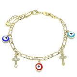 Oro Laminado Charm Bracelet, Gold Filled Style Evil Eye and Cross Design, Multicolor Enamel Finish, Golden Finish