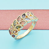 Oro Laminado Multi Stone Ring, Gold Filled Style Leaf Design, with Multicolor Cubic Zirconia, Polished, Golden Finish