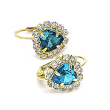 Oro Laminado Leverback Earring, Gold Filled Style Heart Design, with Blue Topaz and White Crystal, Polished, Golden Finish