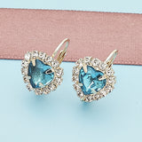 Oro Laminado Leverback Earring, Gold Filled Style Heart Design, with Blue Topaz and White Crystal, Polished, Golden Finish