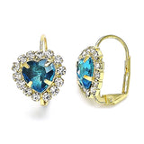 Oro Laminado Leverback Earring, Gold Filled Style Heart Design, with Blue Topaz and White Crystal, Polished, Golden Finish