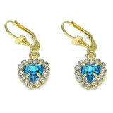 Oro Laminado Dangle Earring, Gold Filled Style Heart Design, with Blue Topaz and White Crystal, Polished, Golden Finish