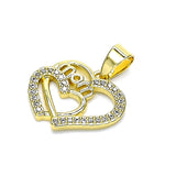 Oro Laminado Fancy Pendant, Gold Filled Style Mom and Heart Design, with White Micro Pave, Polished, Golden Finish