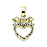Oro Laminado Fancy Pendant, Gold Filled Style Mom and Heart Design, with Multicolor Micro Pave, Polished, Golden Finish