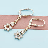 Oro Laminado Long Earring, Gold Filled Style Teardrop and Flower Design, with White Cubic Zirconia, Polished, Golden Finish