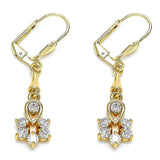 Oro Laminado Long Earring, Gold Filled Style Teardrop and Flower Design, with White Cubic Zirconia, Polished, Golden Finish