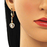 Oro Laminado Long Earring, Gold Filled Style Heart Design, with White Cubic Zirconia, Polished, Golden Finish
