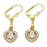 Oro Laminado Long Earring, Gold Filled Style Heart Design, with White Cubic Zirconia, Polished, Golden Finish