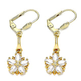 Oro Laminado Long Earring, Gold Filled Style Flower and Star Design, with White Cubic Zirconia, Polished, Golden Finish
