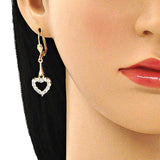 Oro Laminado Long Earring, Gold Filled Style Heart Design, with White Cubic Zirconia, Polished, Golden Finish