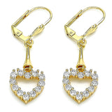 Oro Laminado Long Earring, Gold Filled Style Heart Design, with White Cubic Zirconia, Polished, Golden Finish