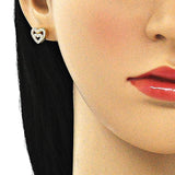 Oro Laminado Stud Earring, Gold Filled Style Heart Design, with White Micro Pave, Polished, Golden Finish