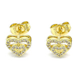 Oro Laminado Stud Earring, Gold Filled Style Heart Design, with White Micro Pave, Polished, Golden Finish
