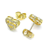 Oro Laminado Stud Earring, Gold Filled Style Heart Design, with White Micro Pave, Polished, Golden Finish