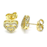 Oro Laminado Stud Earring, Gold Filled Style Heart Design, with White Micro Pave, Polished, Golden Finish
