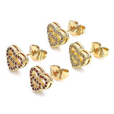 Oro Laminado Stud Earring, Gold Filled Style Heart Design, with White Micro Pave, Polished, Golden Finish