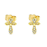Oro Laminado Stud Earring, Gold Filled Style Cross Design, with White Micro Pave, Polished, Golden Finish