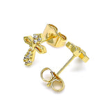 Oro Laminado Stud Earring, Gold Filled Style Cross Design, with White Micro Pave, Polished, Golden Finish