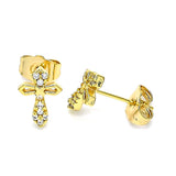 Oro Laminado Stud Earring, Gold Filled Style Cross Design, with White Micro Pave, Polished, Golden Finish