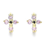 Oro Laminado Huggie Hoop, Gold Filled Style Cross Design, with Pink Cubic Zirconia, Polished, Golden Finish