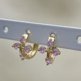 Oro Laminado Huggie Hoop, Gold Filled Style Cross Design, with Pink Cubic Zirconia, Polished, Golden Finish