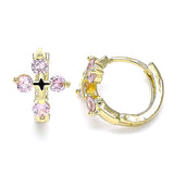 Oro Laminado Huggie Hoop, Gold Filled Style Cross Design, with Pink Cubic Zirconia, Polished, Golden Finish