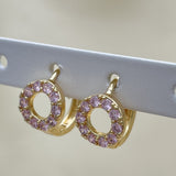 Oro Laminado Huggie Hoop, Gold Filled Style with Pink Cubic Zirconia, Polished, Golden Finish