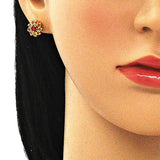 Oro Laminado Stud Earring, Gold Filled Style Flower Design, with Garnet Cubic Zirconia, Polished, Golden Finish