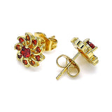 Oro Laminado Stud Earring, Gold Filled Style Flower Design, with Garnet Cubic Zirconia, Polished, Golden Finish