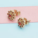 Oro Laminado Stud Earring, Gold Filled Style Flower Design, with Garnet Cubic Zirconia, Polished, Golden Finish