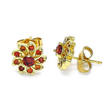 Oro Laminado Stud Earring, Gold Filled Style Flower Design, with Garnet Cubic Zirconia, Polished, Golden Finish