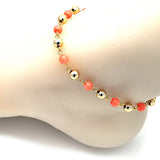 Oro Laminado Fancy Anklet, Gold Filled Style Ball Design, with Pink Pearl, Polished, Golden Finish
