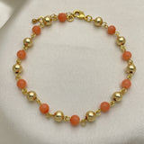 Oro Laminado Fancy Anklet, Gold Filled Style Ball Design, with Pink Pearl, Polished, Golden Finish