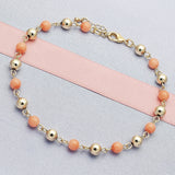 Oro Laminado Fancy Anklet, Gold Filled Style Ball Design, with Pink Pearl, Polished, Golden Finish