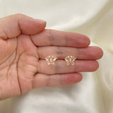 Oro Laminado Stud Earring, Gold Filled Style Butterfly Design, with Pink and White Cubic Zirconia, Polished, Golden Finish
