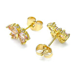 Oro Laminado Stud Earring, Gold Filled Style Butterfly Design, with Pink and White Cubic Zirconia, Polished, Golden Finish