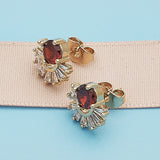 Oro Laminado Stud Earring, Gold Filled Style Baguette Design, with Garnet and White Cubic Zirconia, Polished, Golden Finish