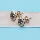 Oro Laminado Stud Earring, Gold Filled Style with Garnet Cubic Zirconia and White Micro Pave, Polished, Golden Finish