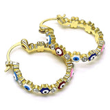 Oro Laminado Small Hoop, Gold Filled Style Evil Eye and Flower Design, with White Crystal, Multicolor Enamel Finish, Golden Finish