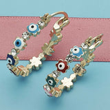 Oro Laminado Small Hoop, Gold Filled Style Evil Eye and Flower Design, with White Crystal, Multicolor Enamel Finish, Golden Finish