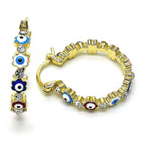 Oro Laminado Small Hoop, Gold Filled Style Evil Eye and Flower Design, with White Crystal, Multicolor Enamel Finish, Golden Finish