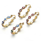 Oro Laminado Small Hoop, Gold Filled Style Evil Eye and Flower Design, with White Crystal, Multicolor Enamel Finish, Golden Finish