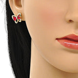 Oro Laminado Stud Earring, Gold Filled Style Butterfly and Heart Design, with Ruby Cubic Zirconia, Polished, Golden Finish